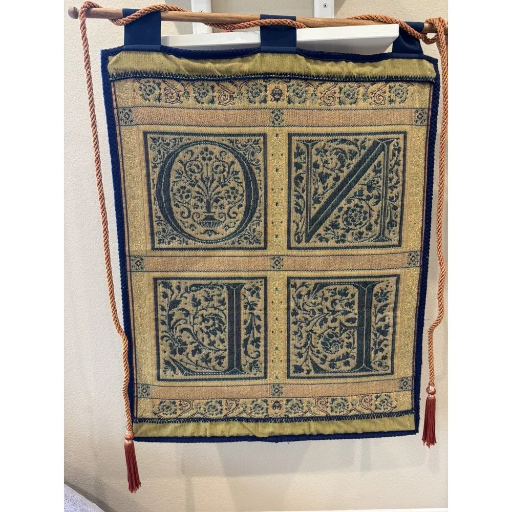 VTG NOEL Holiday Jacquard Woven Tapestry Wall‎ Hanging with Wooden Rod 32x25